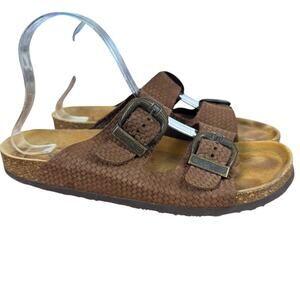 Plakton Womens Leather Brown Wide Strap Slides Sandals Slip On Shoes sz 40 / 9